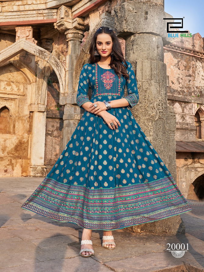 Blue Hills Up To Date 20 Long Printed Designer Wear Wholesale Anarkali Kurtis Catalog